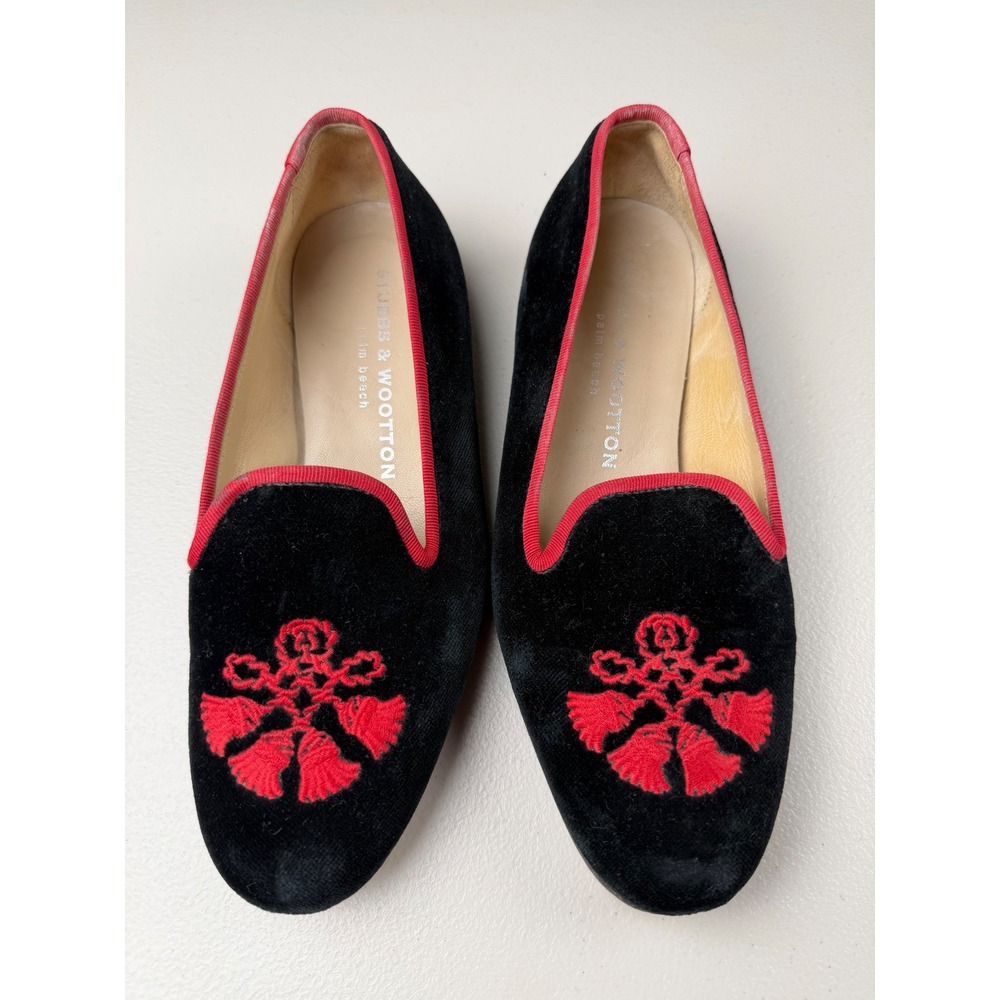Stubbs & Wootton Black Velvet‎ Red Embroidered Tassel Smoking Slipper Loafers 6